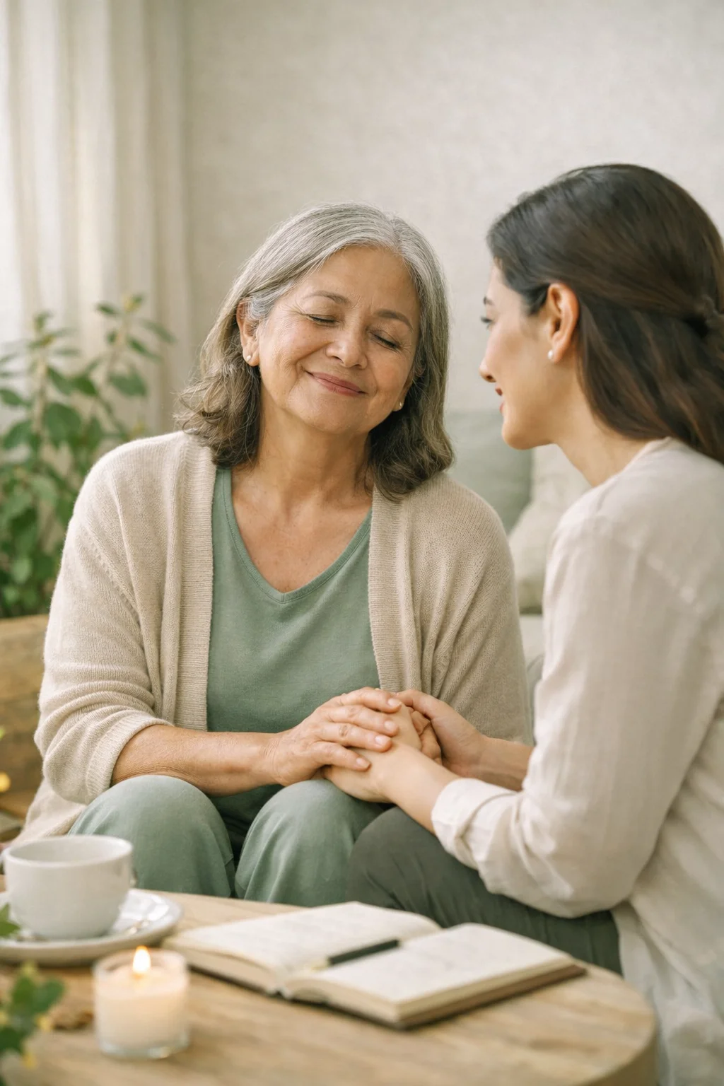 Acompañamiento emocional mamá adulta mayor en un espacio tranquilo de bienestar y conexión emocional.