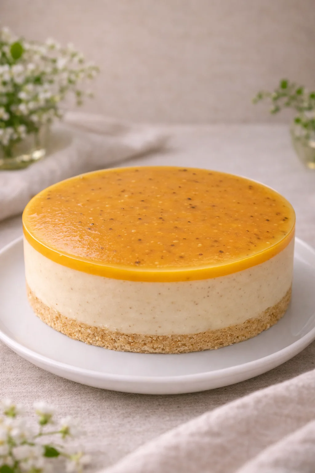 Mousse artesanal de maracuyá con base de galleta.